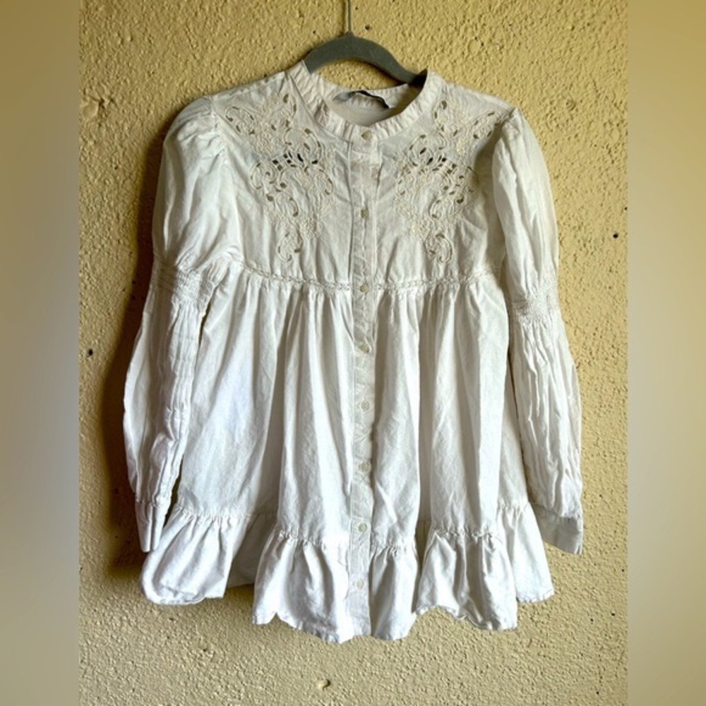 Zara Sz Small Long Sleeve A-Line Shirt Tunic White Puff Sleeve 100% Cotton